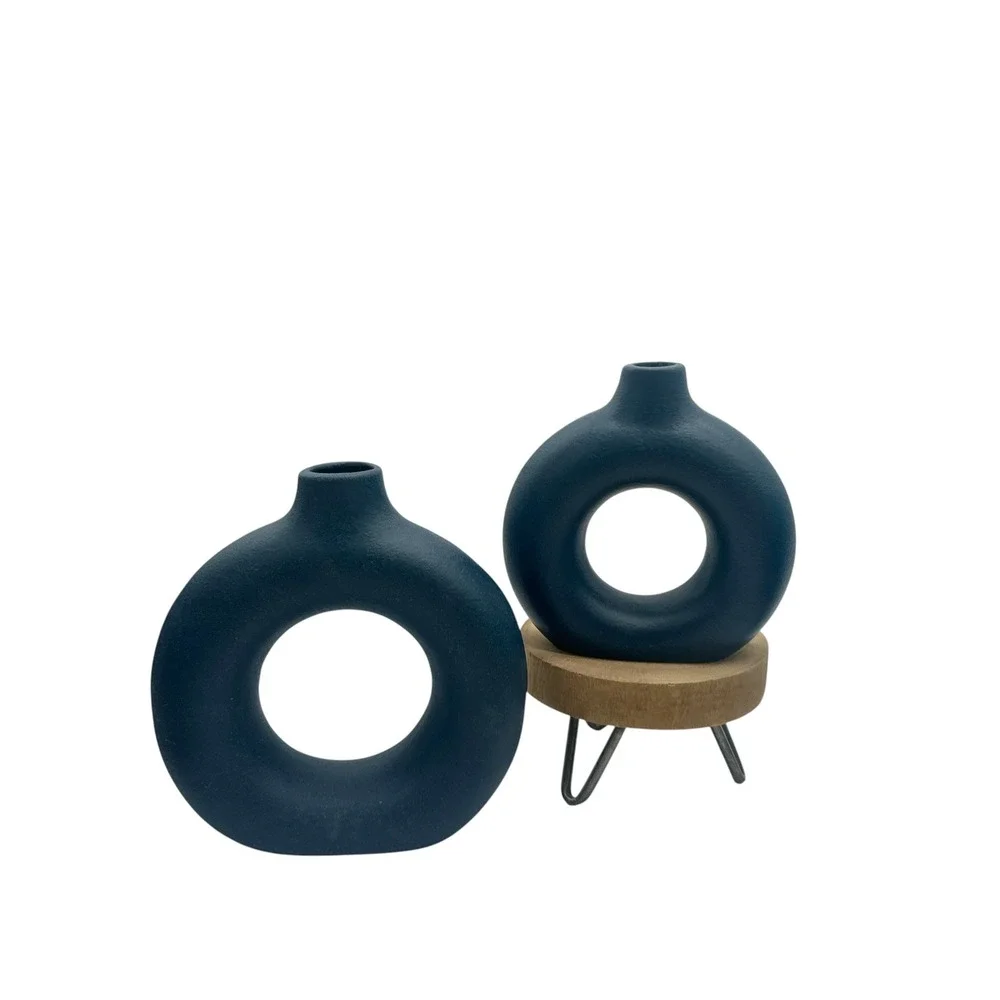 Navy Blue Ceramic Donut Vase Set of 2 Matte Textured Modern Minimalist Decor